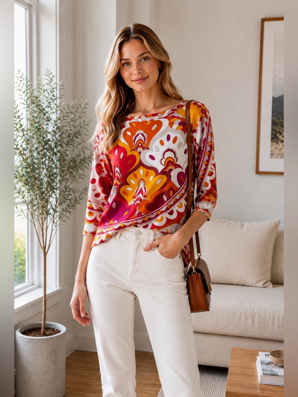 J. McLaughlin Signature Catalina Cloth Orange Yellow Tee Shirt Blue Sz Large